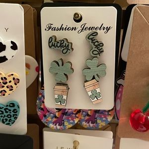 Fashion Jewelry Mint Green Lucky Clover & Coffee Cup Stud Earrings